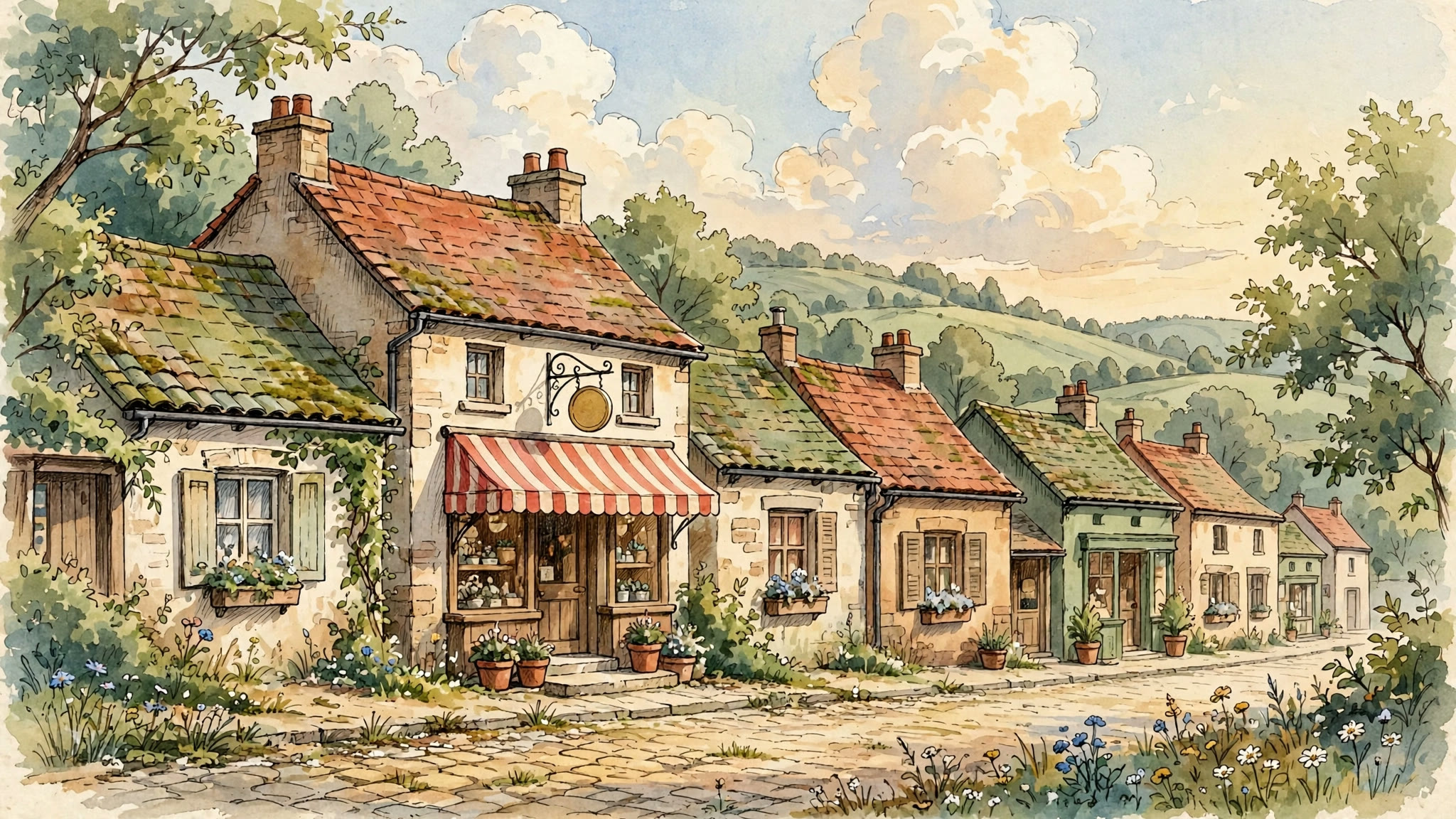 手绘小镇：金币小店所在的街道，金色午后的水彩画